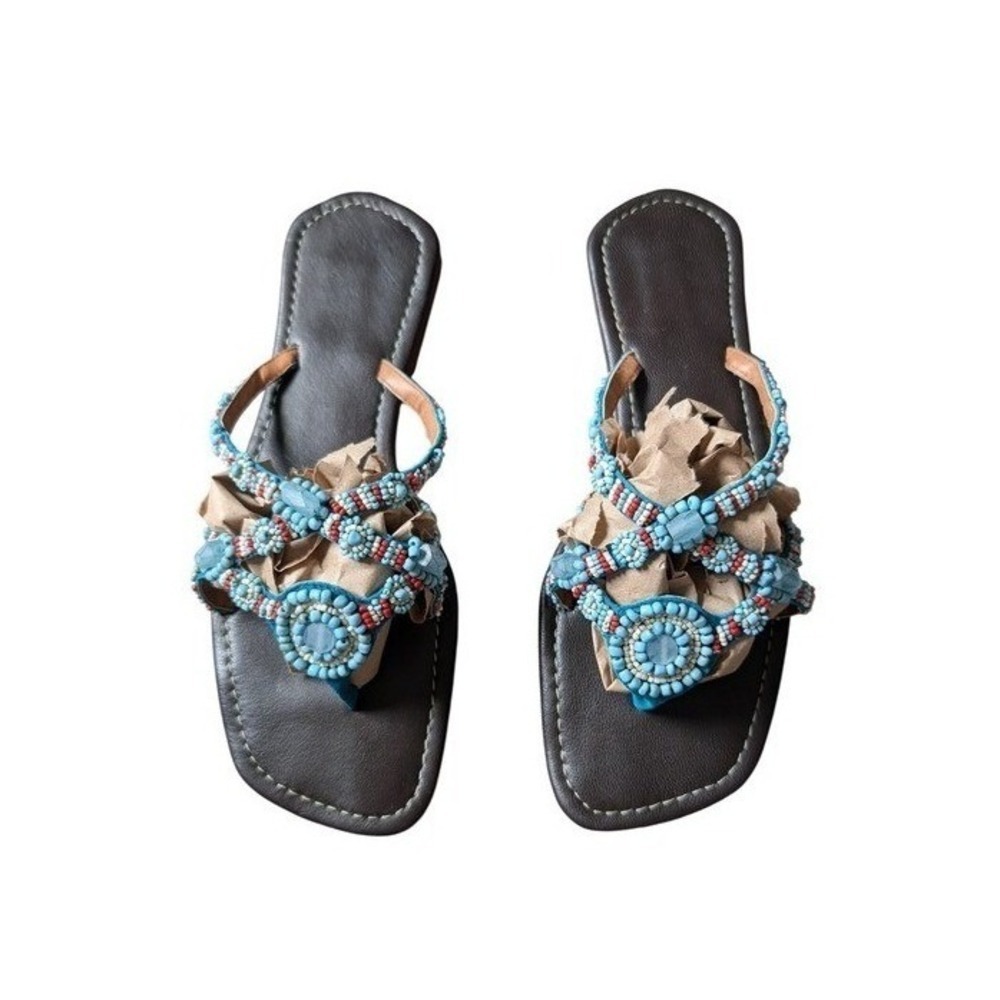 Earthy Whimsical Boho Leather Hand-Beaded Soft Blue Thong Sandals